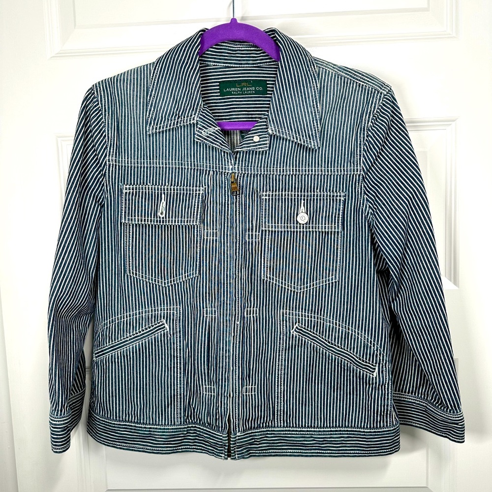 Vintage LRL Ralph Lauren Jeans Co Jean Jacket Pinstripe Blue White